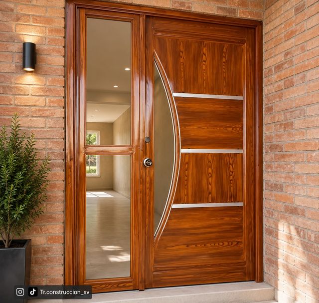 Caoba con vidrio curvo — Vidrio en curva sobre veta caoba, con franjas de inox