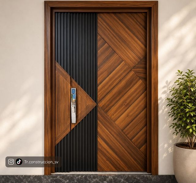 Contraste madera y acero — Una hoja acanalada en negro y otra en espiga de madera