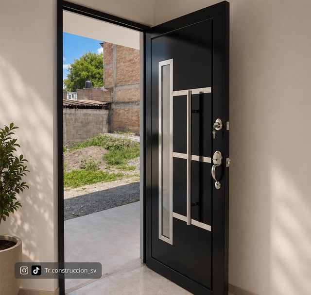 Negra con placas de inox — Vidrios enmarcados en placas de acero sobre hoja negra mate