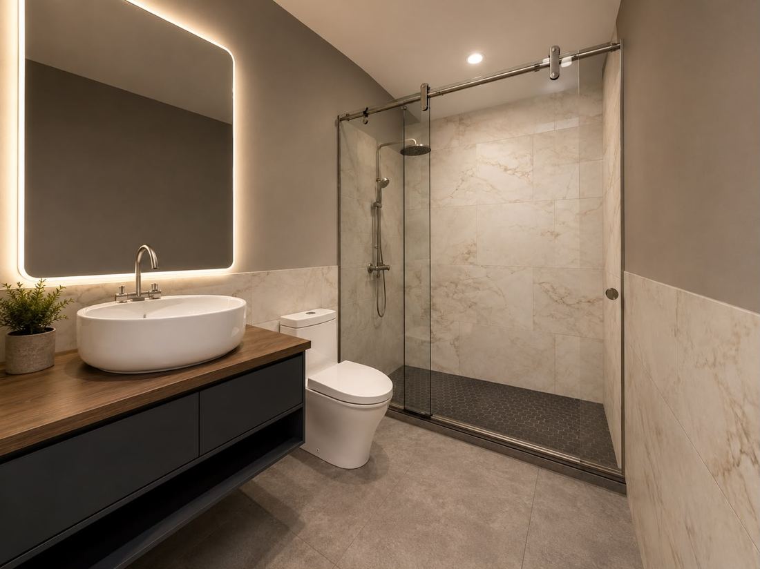 Baño con mármol. Ducha de vidrio y luz indirecta en el espejo.