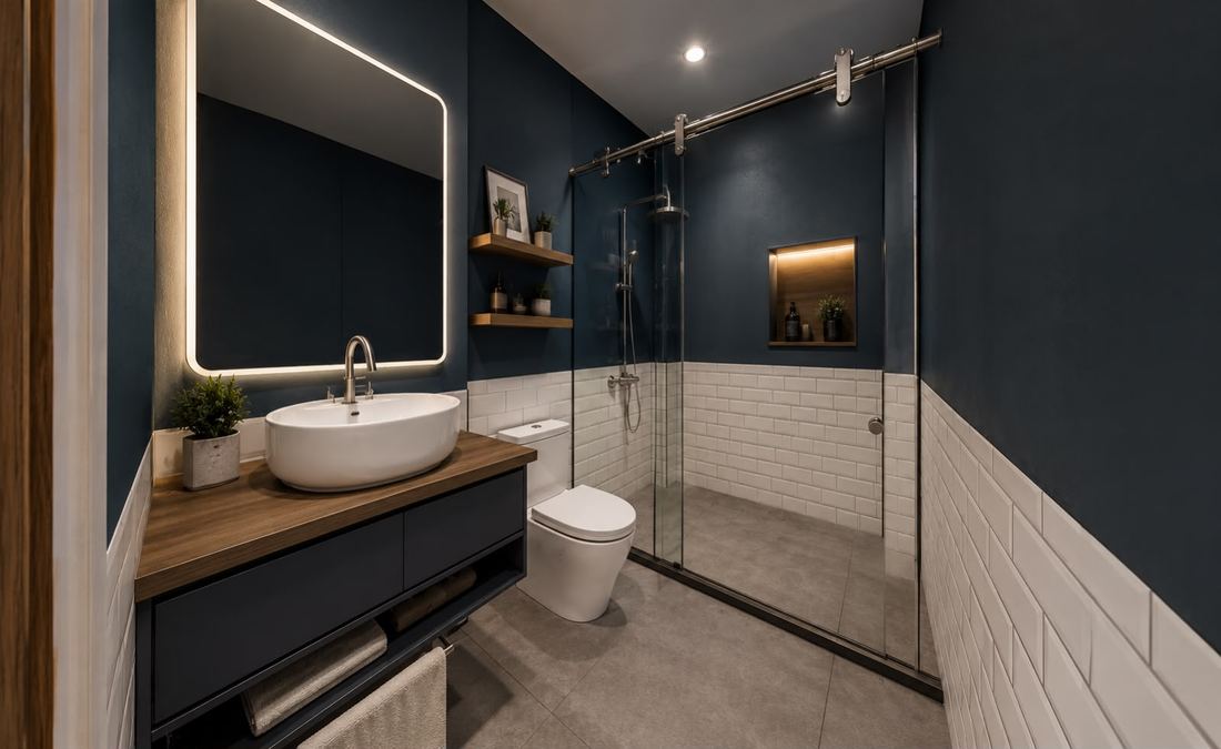 Baño en tonos oscuros. Espejo iluminado y mueble flotante.