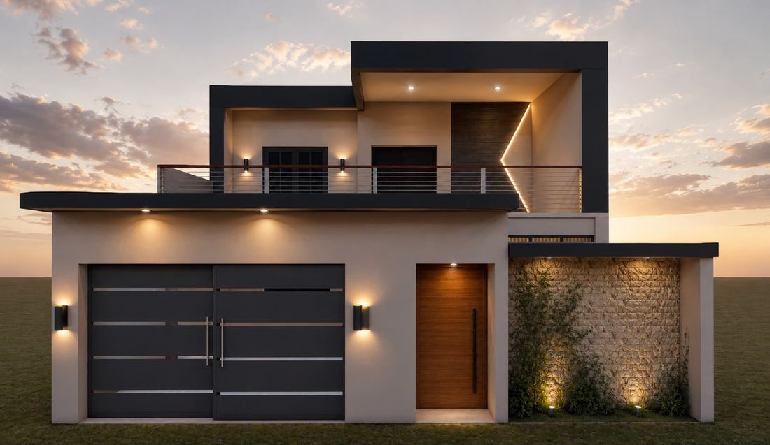 Casa moderna con luces. Frente iluminado, portón amplio y muro de piedra.