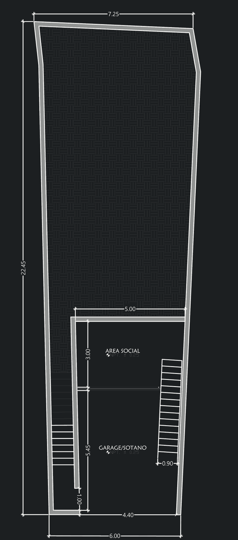 Plano arquitectónico del nivel de garaje: garaje, sótano, área social y escalera