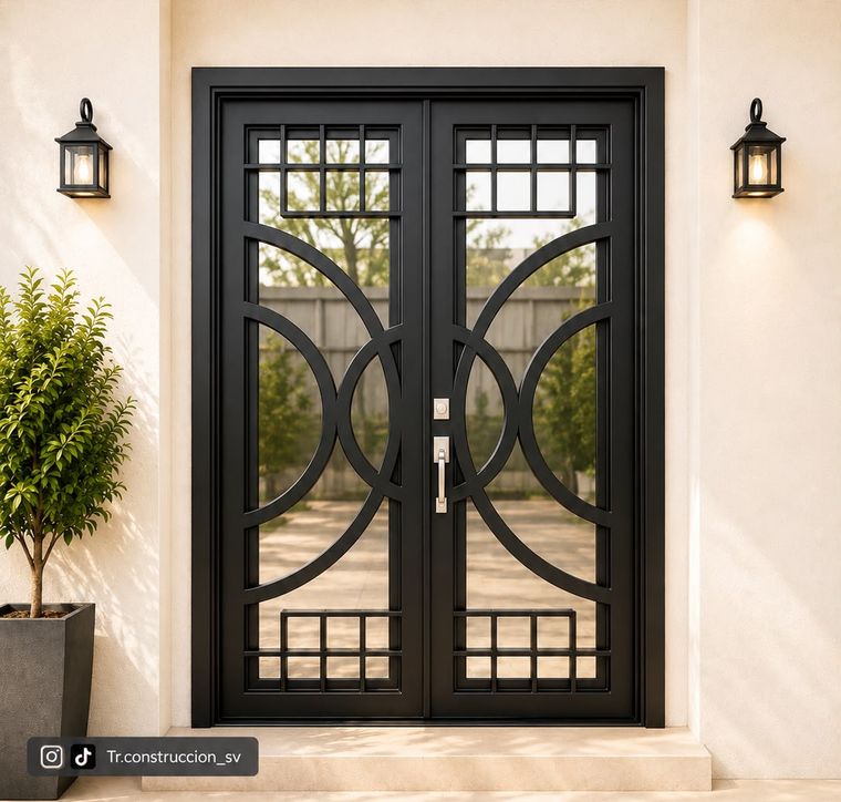 Puerta de doble hoja en hierro forjado con diseño de círculos concéntricos y cuadrícula, sobre vidrio