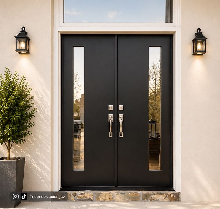 Puerta metálica negra de doble hoja minimalista con dos vitrales verticales delgados y tragaluz superior